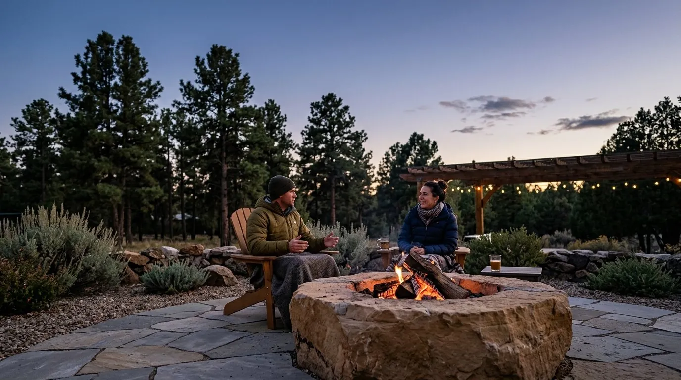 Outdoor fire pits in Prescott glowing at dusk on a stone patio surrounded by ponderosa pines.