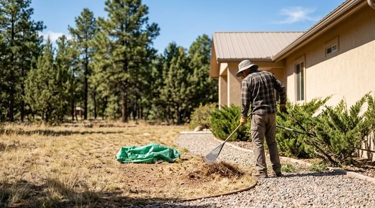 Landscaper creating firewise landscaping defensible space around a Prescott home by clearing ladder fuels near pine trees. Landscaper creating firewise landscaping defensible space around a Prescott home by clearing ladder fuels near pine trees.