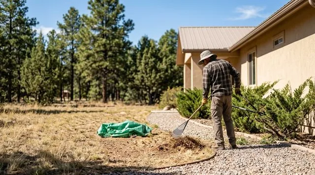 Landscaper creating firewise landscaping defensible space around a Prescott home by clearing ladder fuels near pine trees. Landscaper creating firewise landscaping defensible space around a Prescott home by clearing ladder fuels near pine trees.