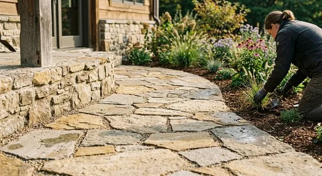 Flagstone pathway used as a non-combustible fuel break in a firewise landscaping design near a Prescott home.