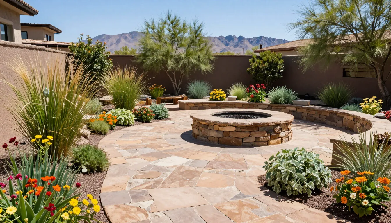 Flagstone patio with a stone fire pit and desert plantings in Prescott, AZ