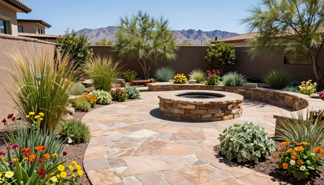 Flagstone patio with a stone fire pit and desert plantings in Prescott, AZ