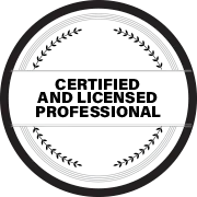 Black and white badge with 