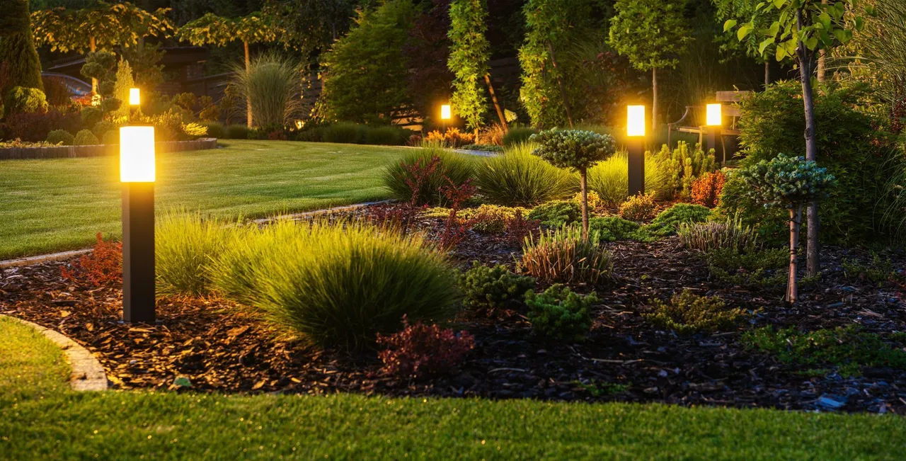 Garden at night, with lit pathway lights. Green grass, shrubs, and trees.