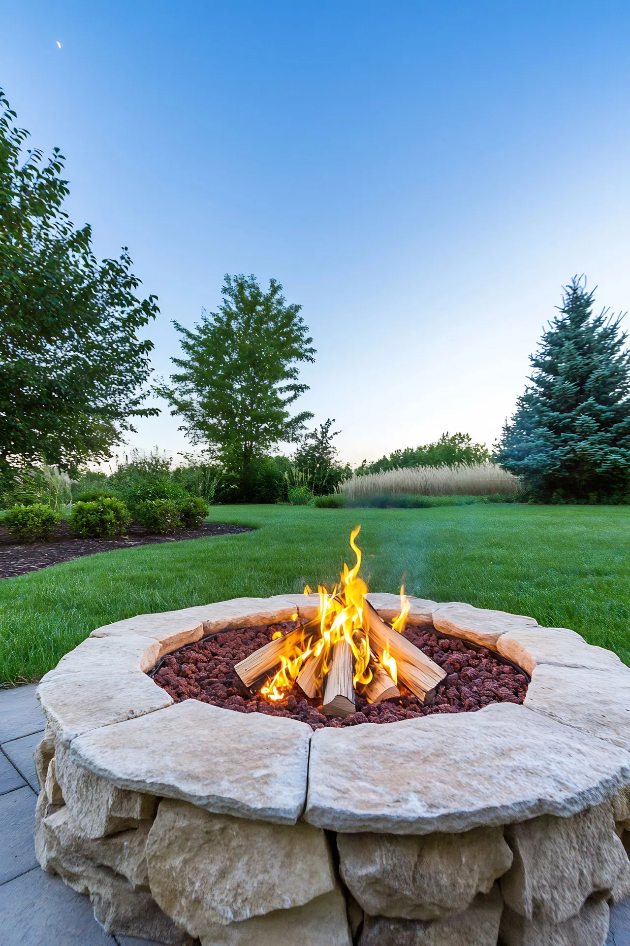 Fire pit with burning logs in a stone ring, in a grassy yard with trees under a blue sky.