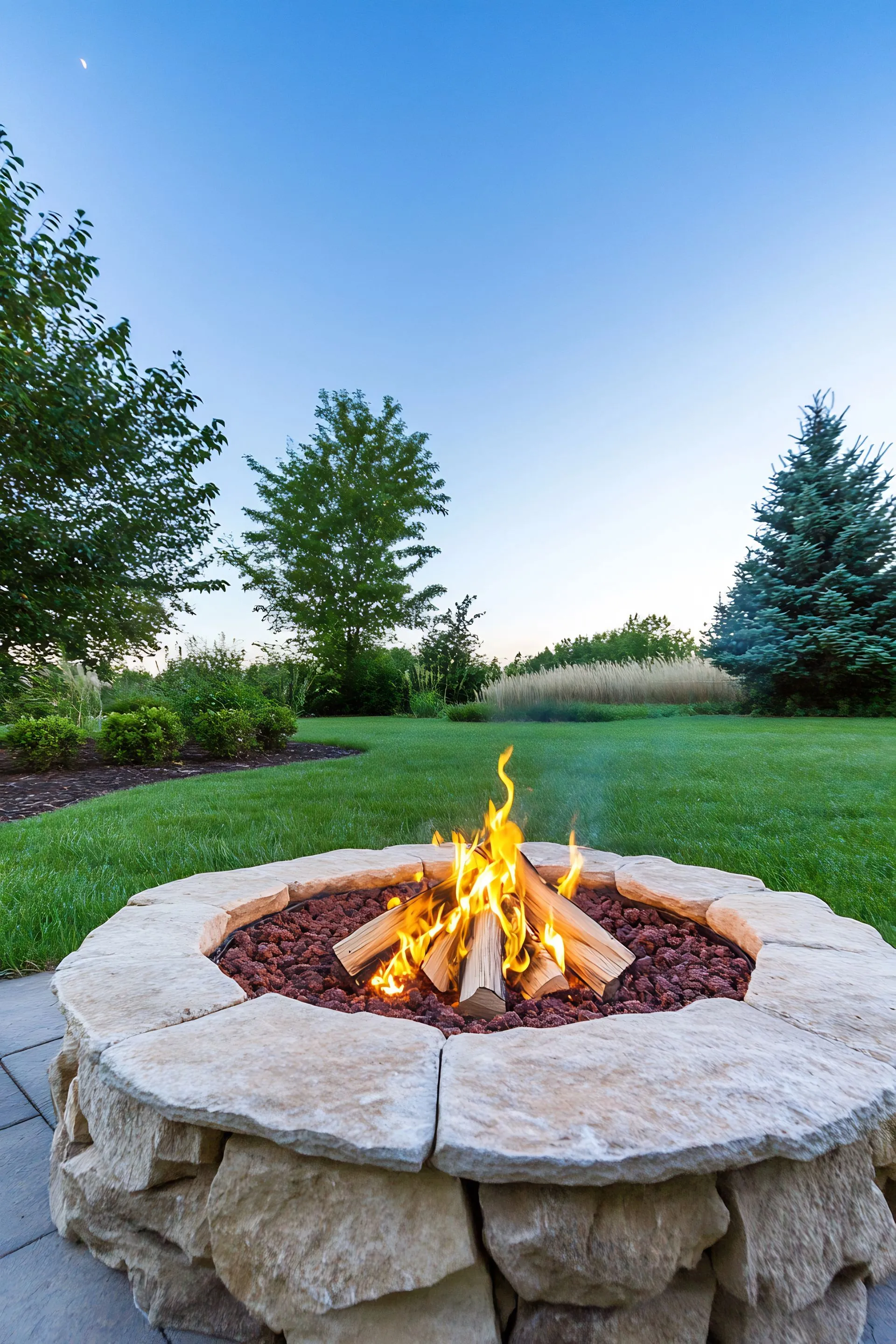Fire pit with burning logs in a stone ring, in a grassy yard with trees under a blue sky.