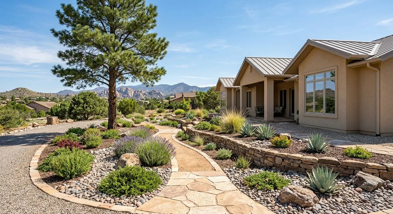 Desert courtyard with a stone fire pit, landscaped flower beds, and a mountain view under a clear sky Desert courtyard with a stone fire pit, landscaped flower beds, and a mountain view under a clear sky